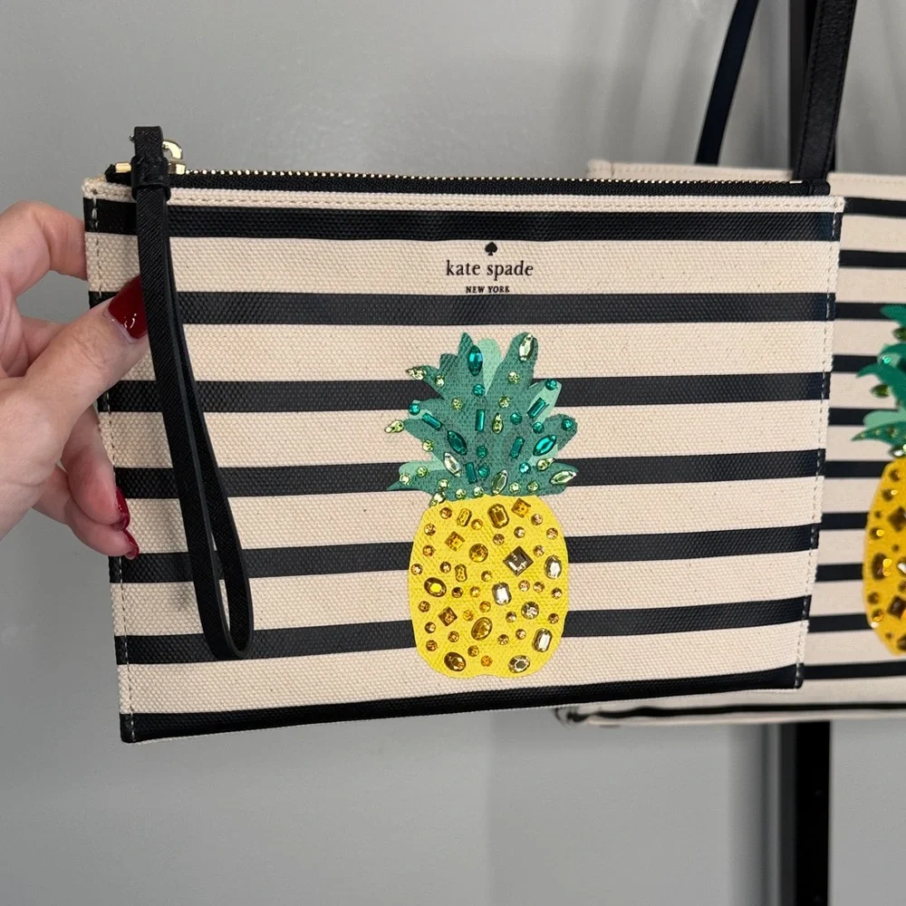Kate Spade New York By The Pool Pineapple Embellished Canvas Tote and Wristlet